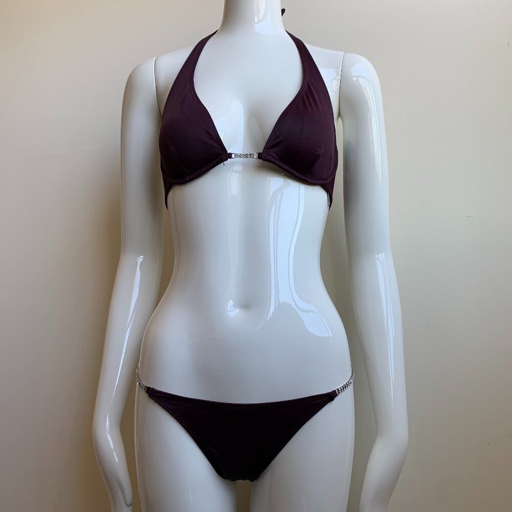 Sauvage california plum wine burgandy halter underwire Swarovski side bikini